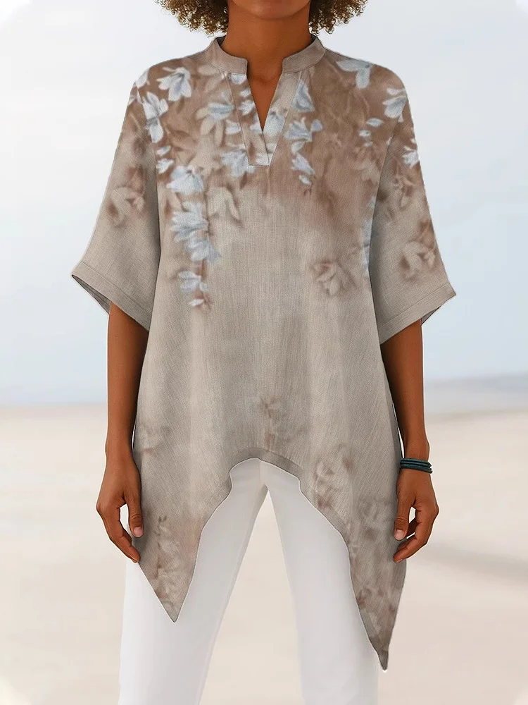 Women Floral Half Sleeve Shirt Summer Printing V Neck Daily Vintage Top
