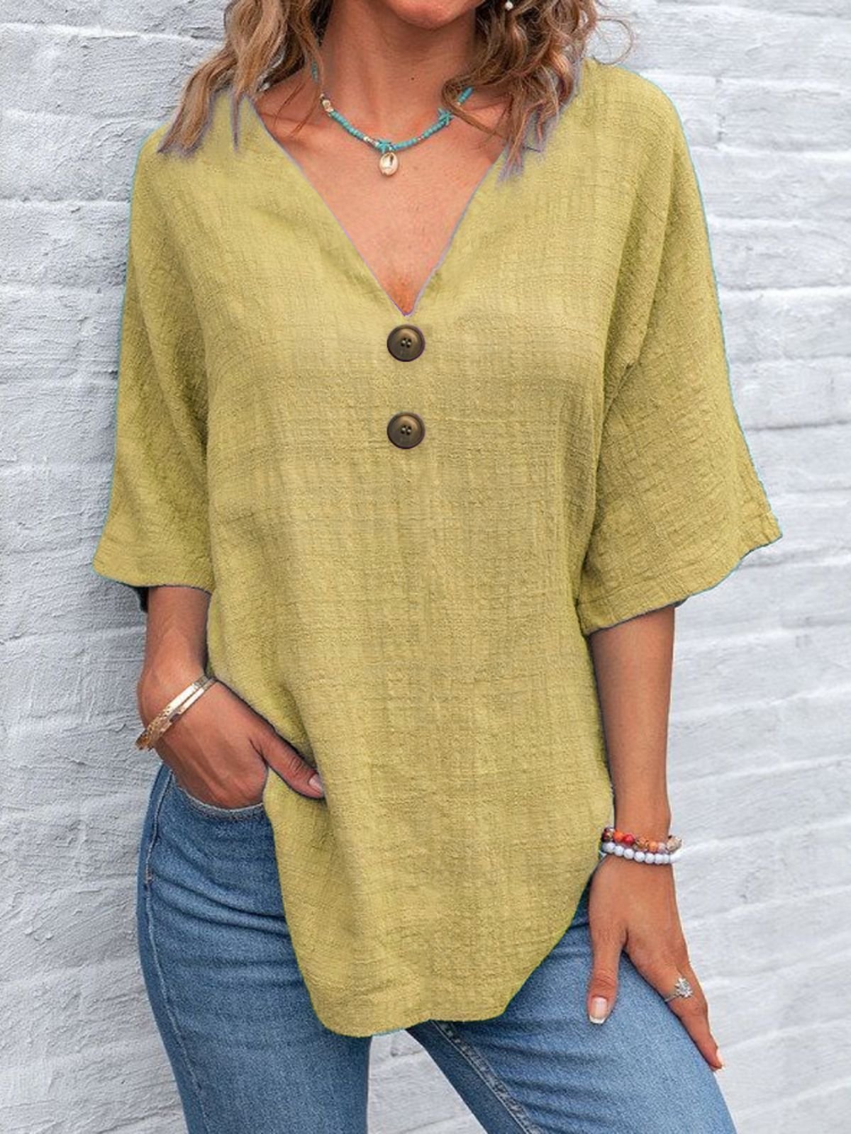 Women Plain Half Sleeve Blouse Summer V Neck Daily Vintage Top
