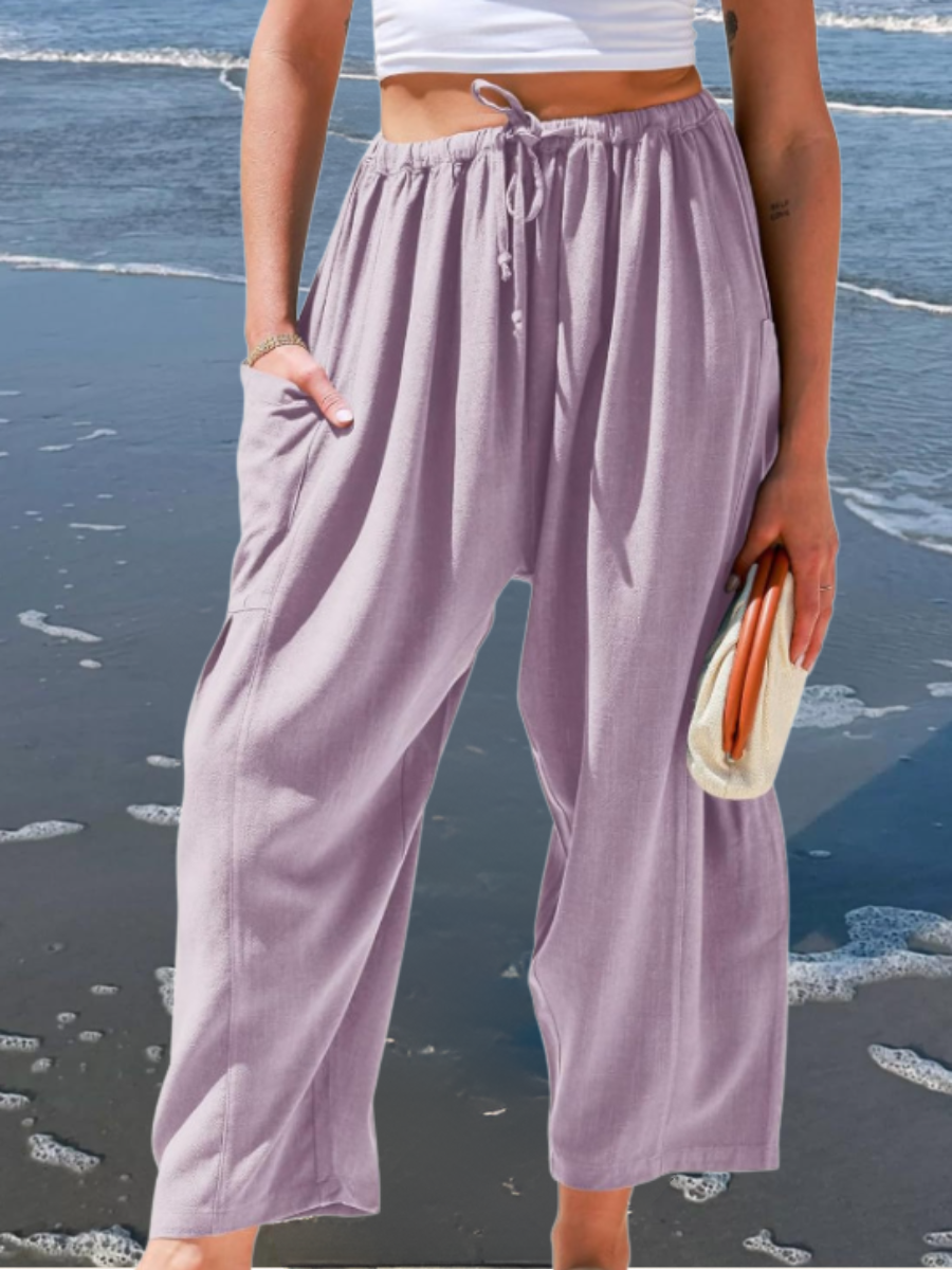 Women Plain Long Elastic Waist Pants Casual Spring/Fall Trousers