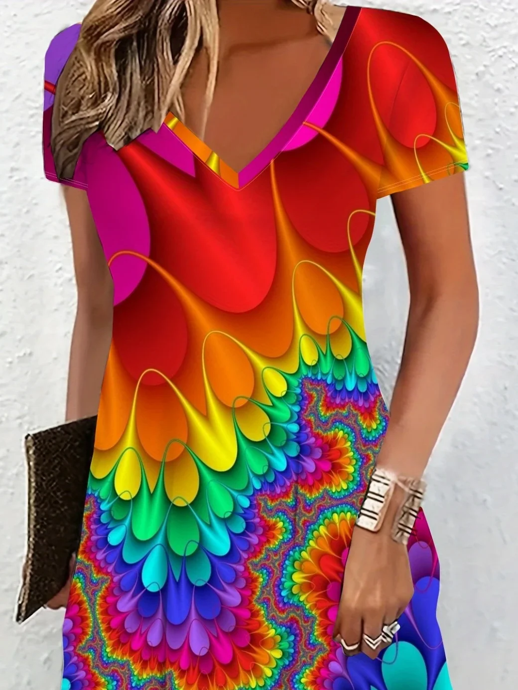 Women Abstract Short Sleeve Summer Dress V Neck Daily Casual Midi Fit & Flare Dress A-Line Dress