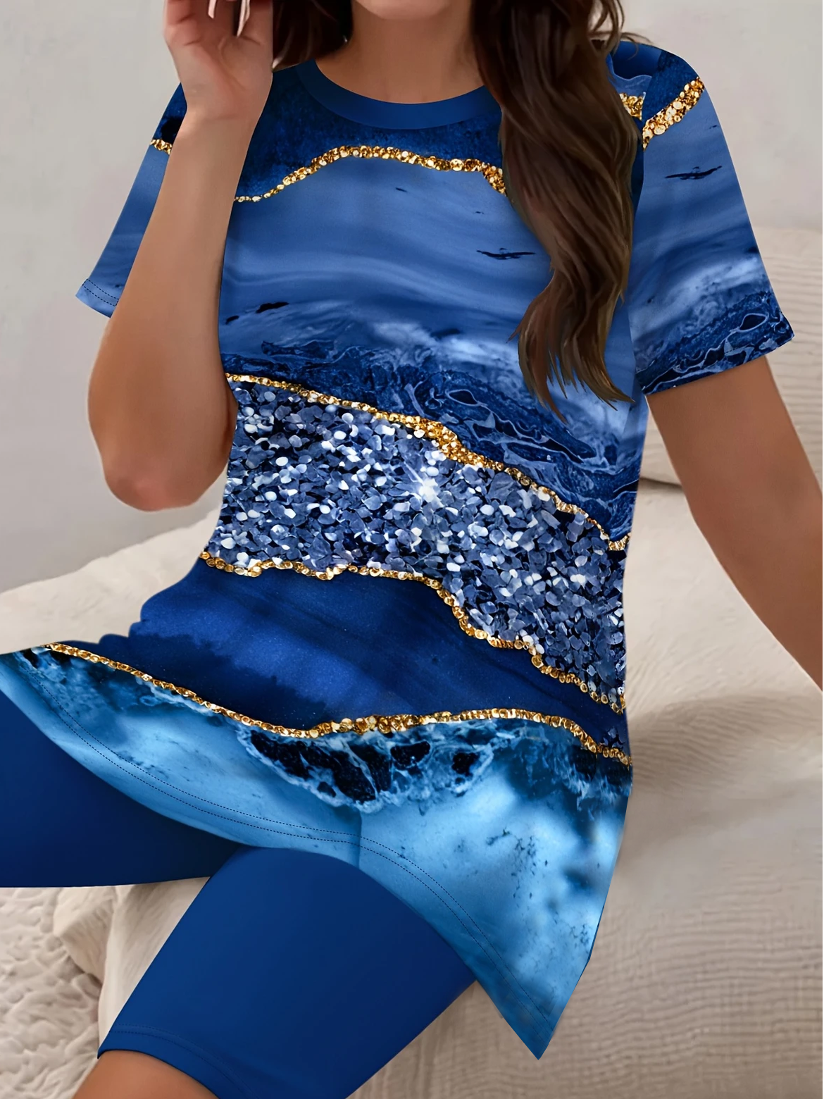 Women Abstract Printing Two-Piece Set Daily Short Sleeve Casual Summer Top With Pants Matching Set