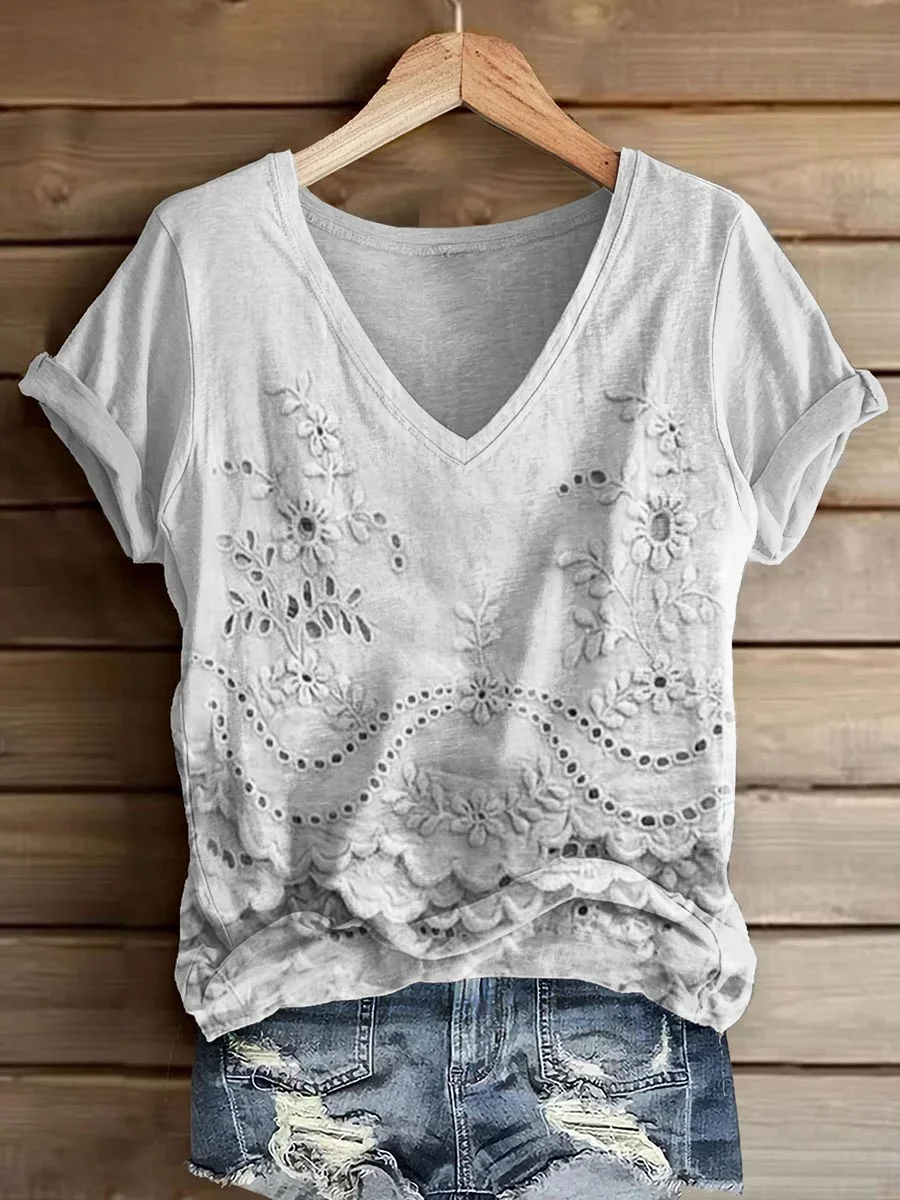 Women Floral Short Sleeve Tee T-shirt V Neck Printing Casual Summer Graphic Tee Top