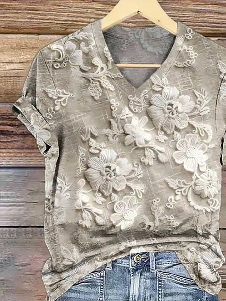 Women Floral Short Sleeve Tee T-shirt V Neck Printing Casual Summer Graphic Tee Top