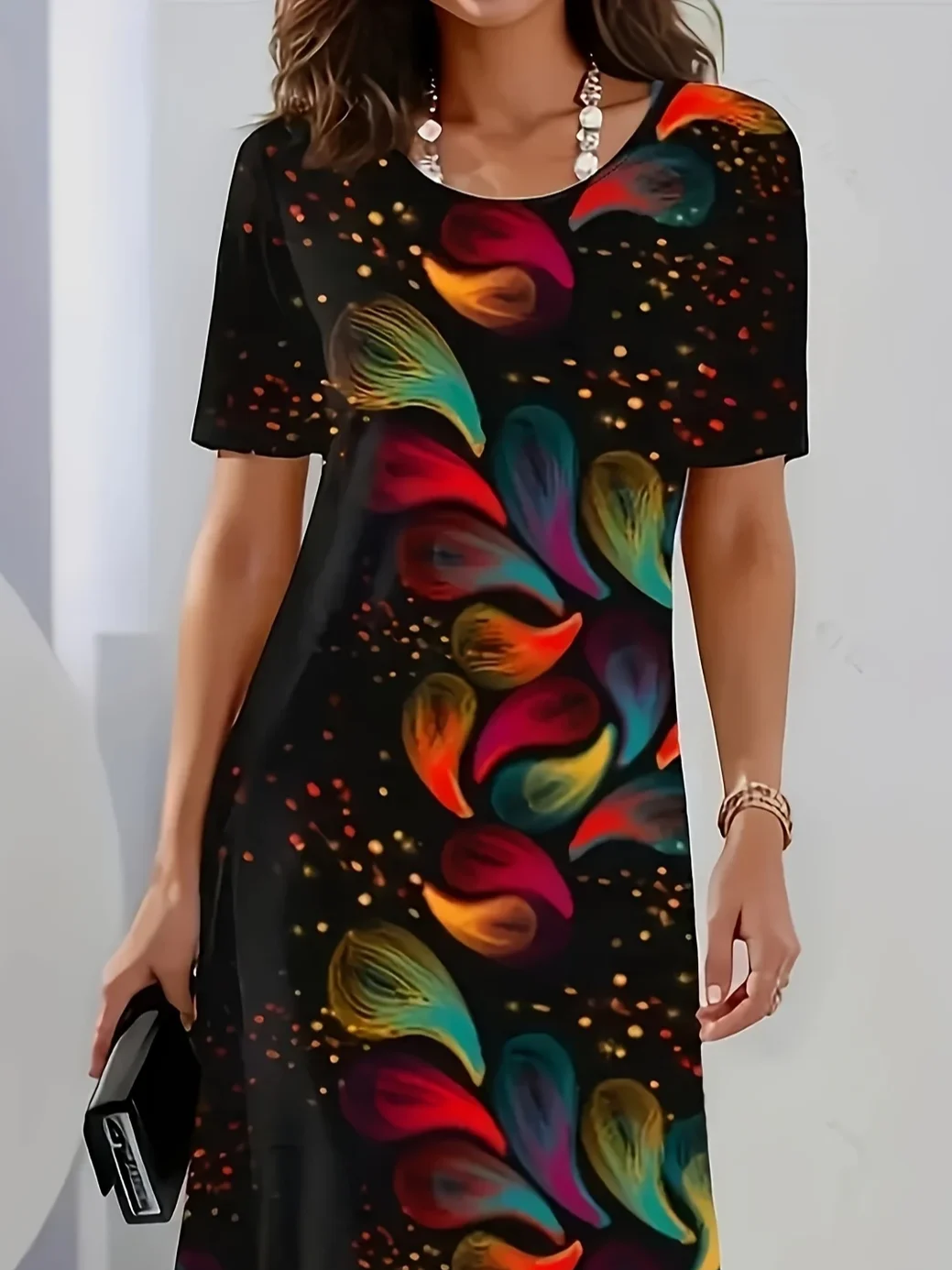 Women Abstract Short Sleeve Summer Printing Dress Crew Neck Daily Vintage Midi Tunic H-Line Dress