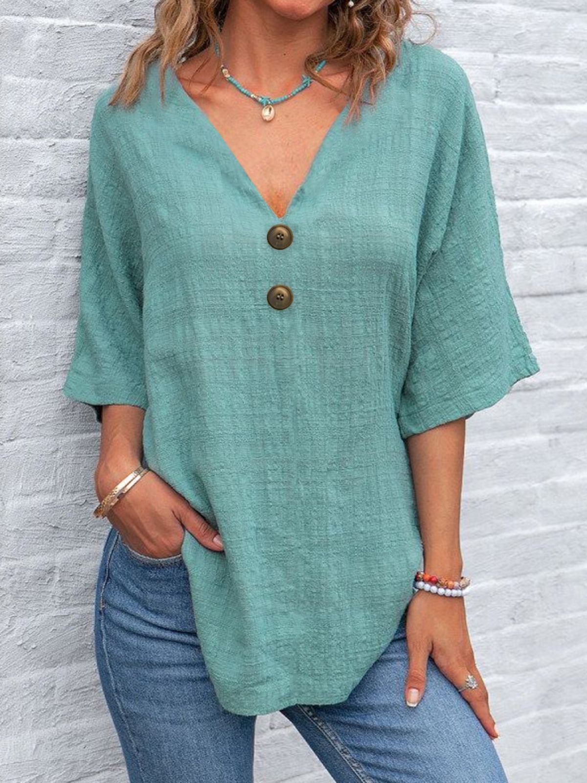Women Plain Half Sleeve Blouse Summer V Neck Daily Vintage Top