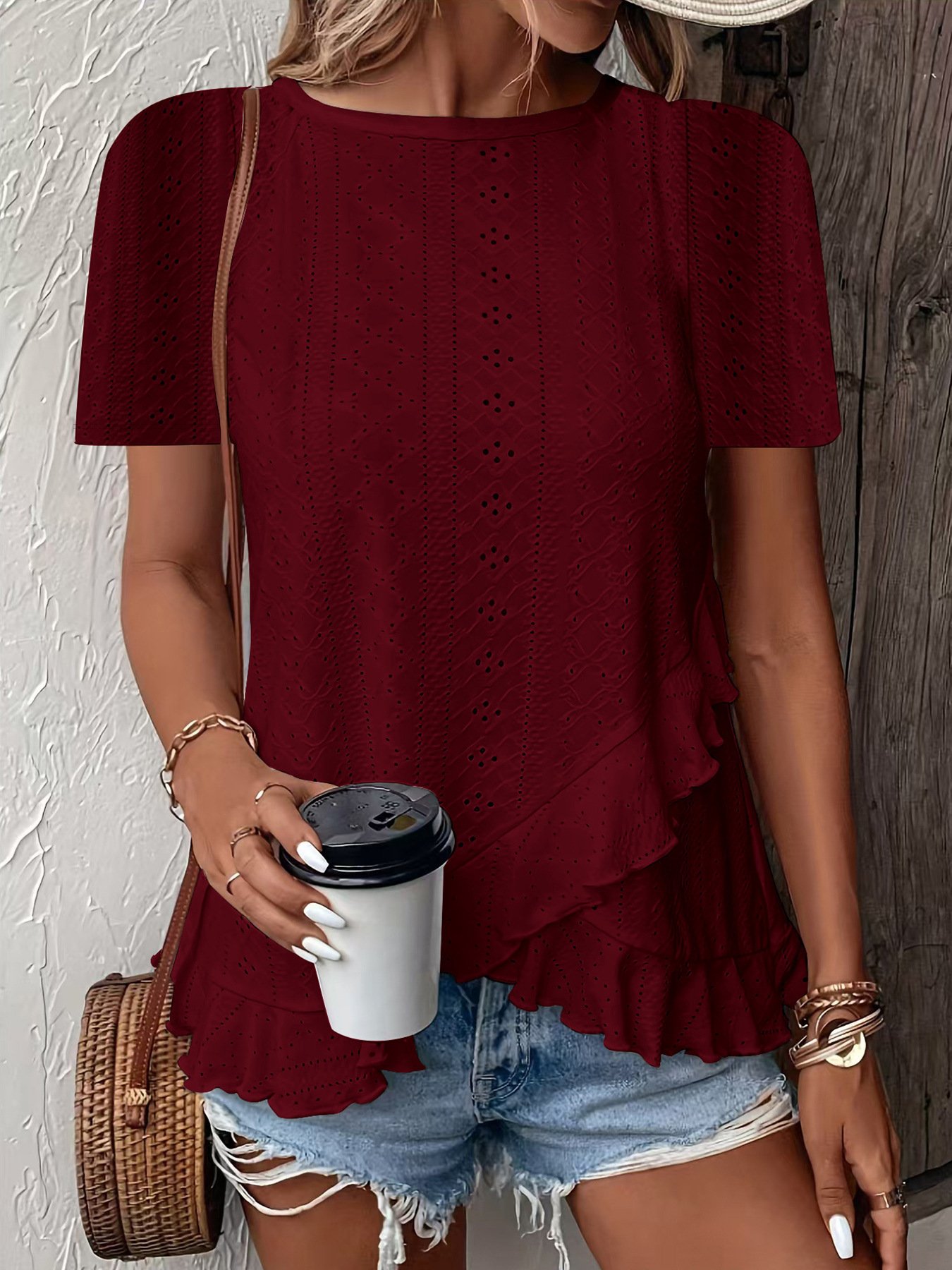 Women Geometric Short Sleeve Tee T-shirt Crew Neck Jacquard Casual Summer Top