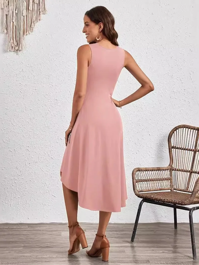 Women Plain Sleeveless Summer Split Joint Dress Crew Neck Daily Vintage Midi Tank A-Line Dress