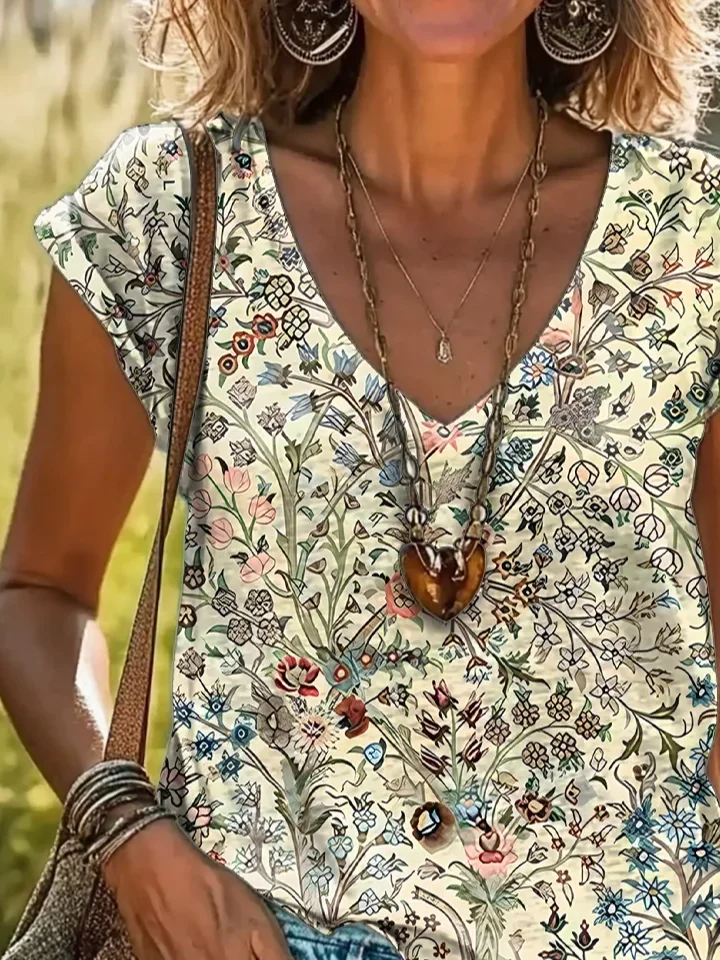 Women Floral Short Sleeve Tee T-shirt V Neck Printing Casual Summer Graphic Tee Top