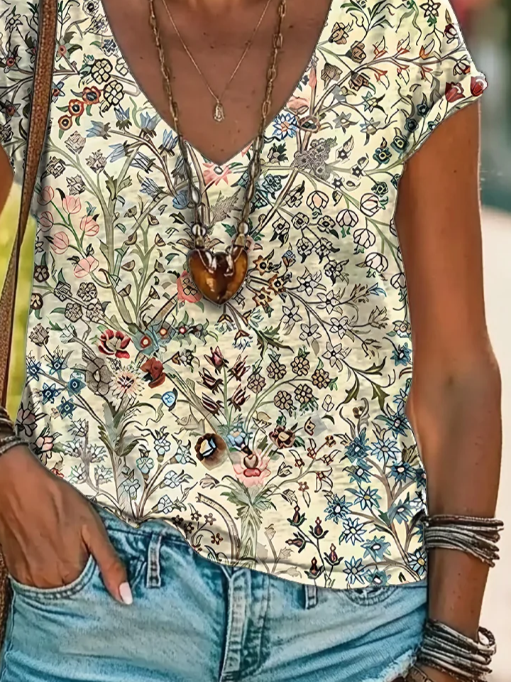 Women Floral Short Sleeve Tee T-shirt V Neck Printing Casual Summer Graphic Tee Top