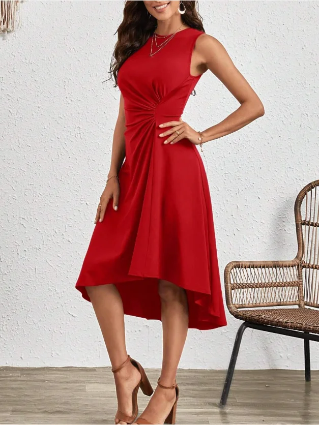 Women Plain Sleeveless Summer Split Joint Dress Crew Neck Daily Vintage Midi Tank A-Line Dress