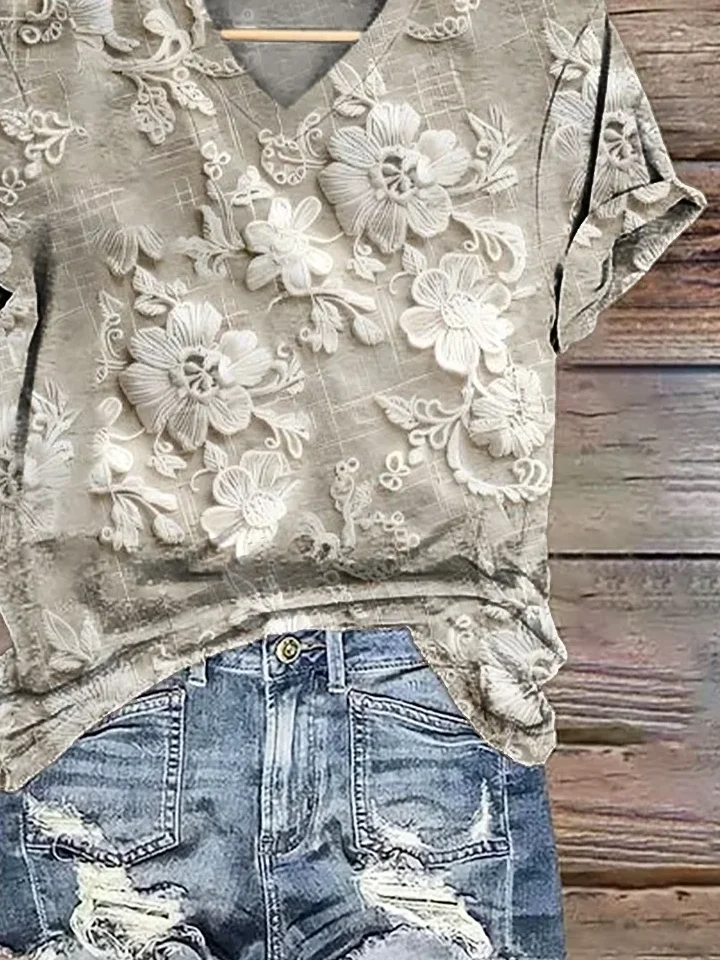 Women Floral Short Sleeve Tee T-shirt V Neck Printing Casual Summer Graphic Tee Top