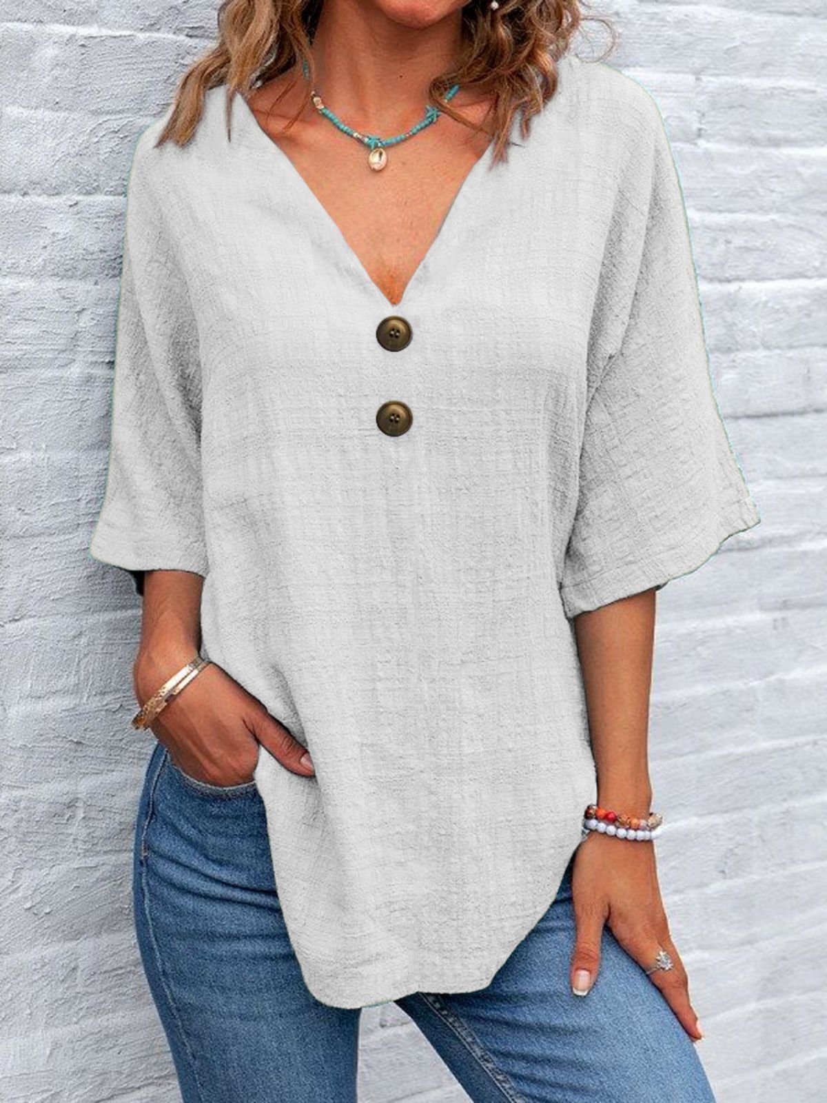 Women Plain Half Sleeve Blouse Summer V Neck Daily Vintage Top