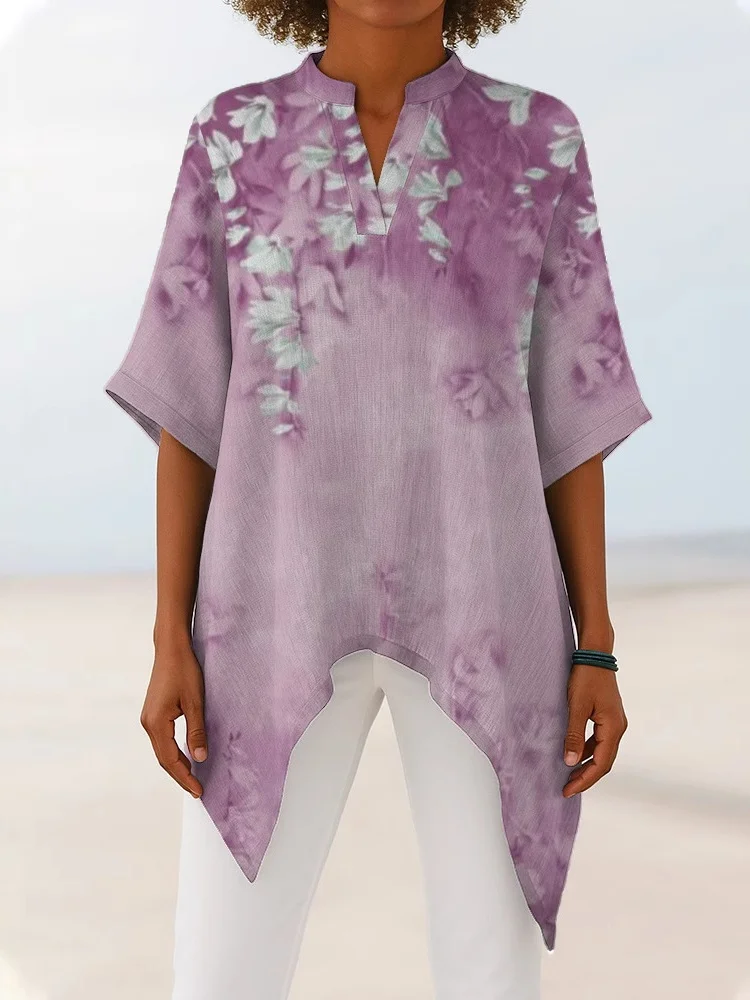 Women Floral Half Sleeve Shirt Summer Printing V Neck Daily Vintage Top
