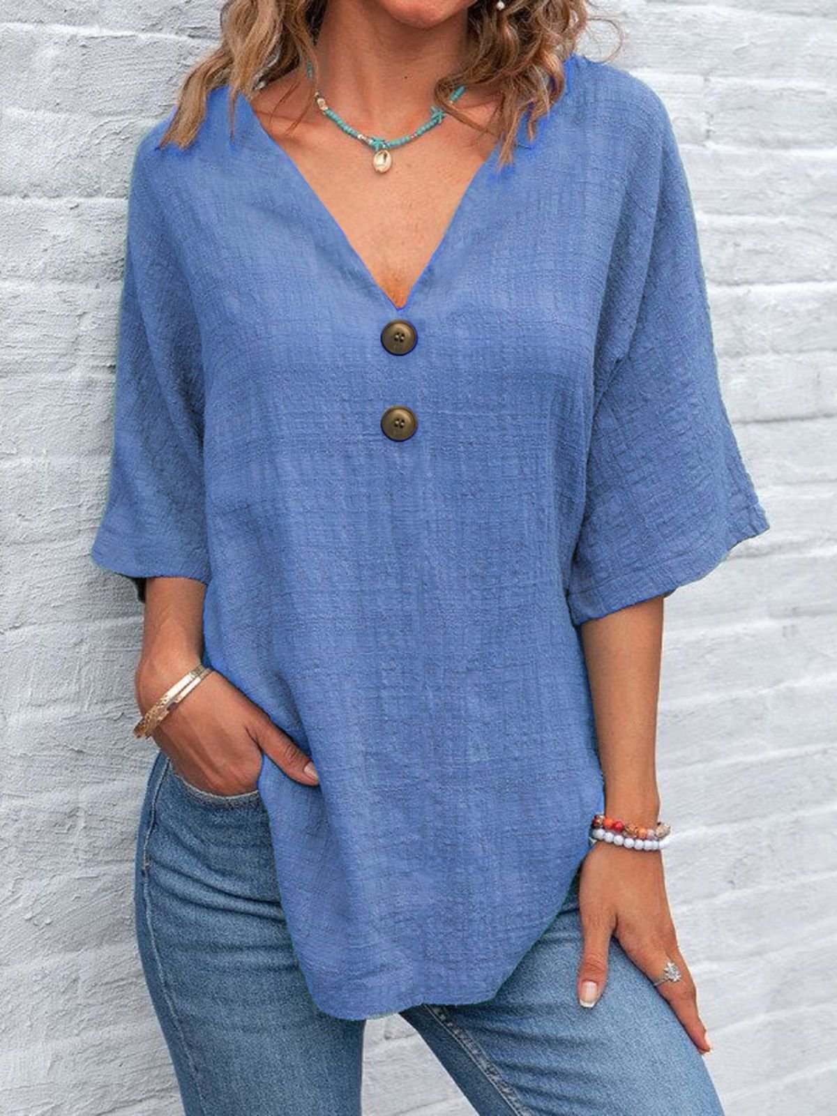 Women Plain Half Sleeve Blouse Summer V Neck Daily Vintage Top