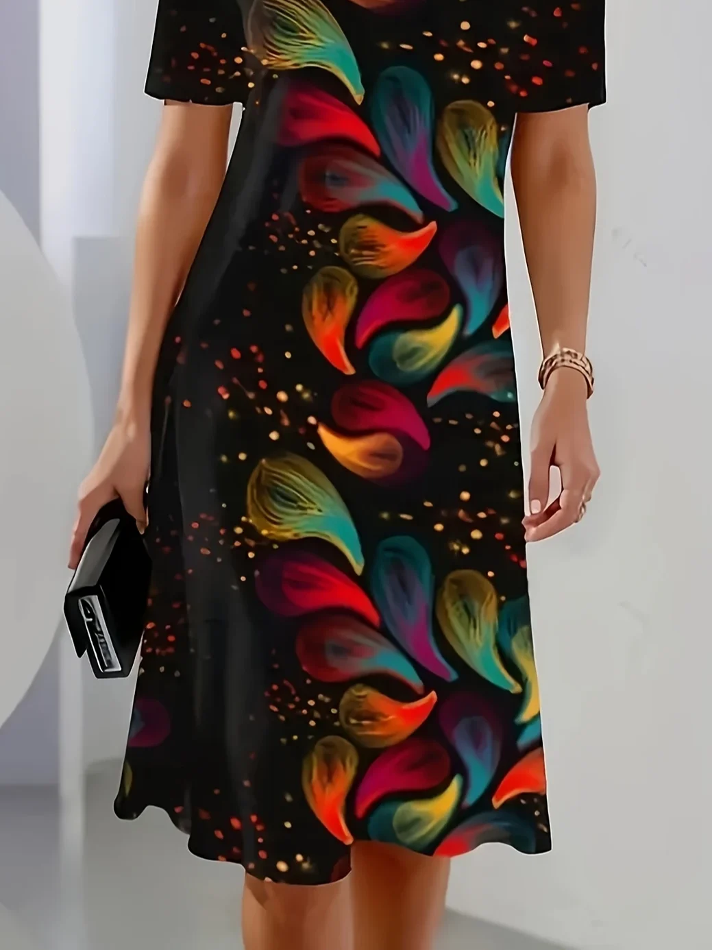 Women Abstract Short Sleeve Summer Printing Dress Crew Neck Daily Vintage Midi Tunic H-Line Dress