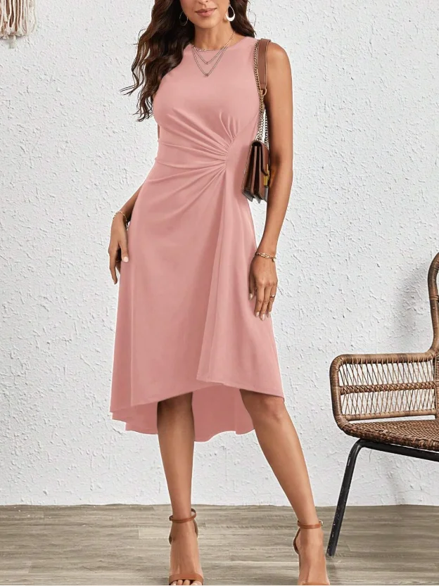 Women Plain Sleeveless Summer Split Joint Dress Crew Neck Daily Vintage Midi Tank A-Line Dress