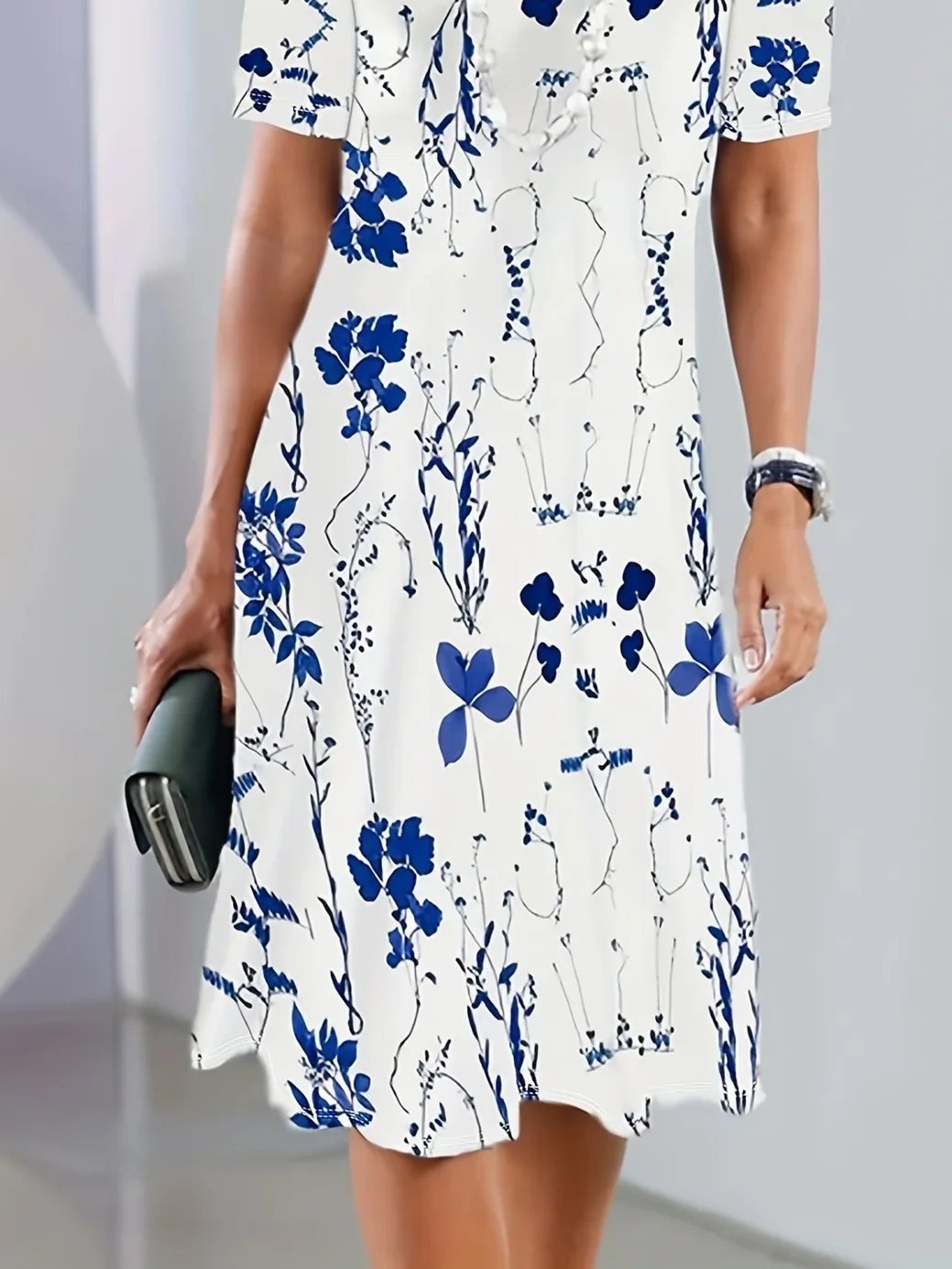 Women Floral Short Sleeve Summer Printing Dress Crew Neck Daily Vintage Midi Tunic H-Line Dress