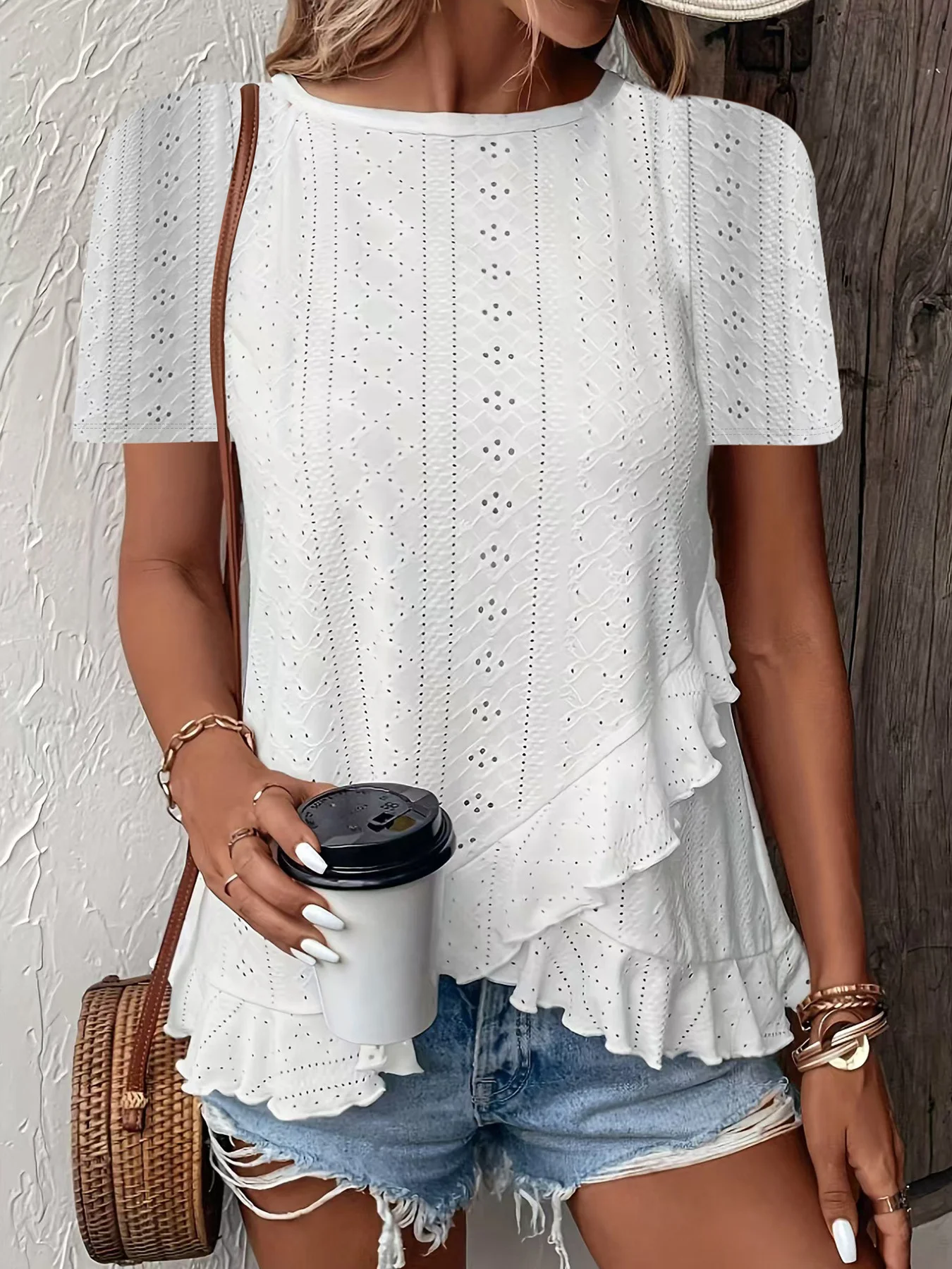 Women Geometric Short Sleeve Tee T-shirt Crew Neck Jacquard Casual Summer Top