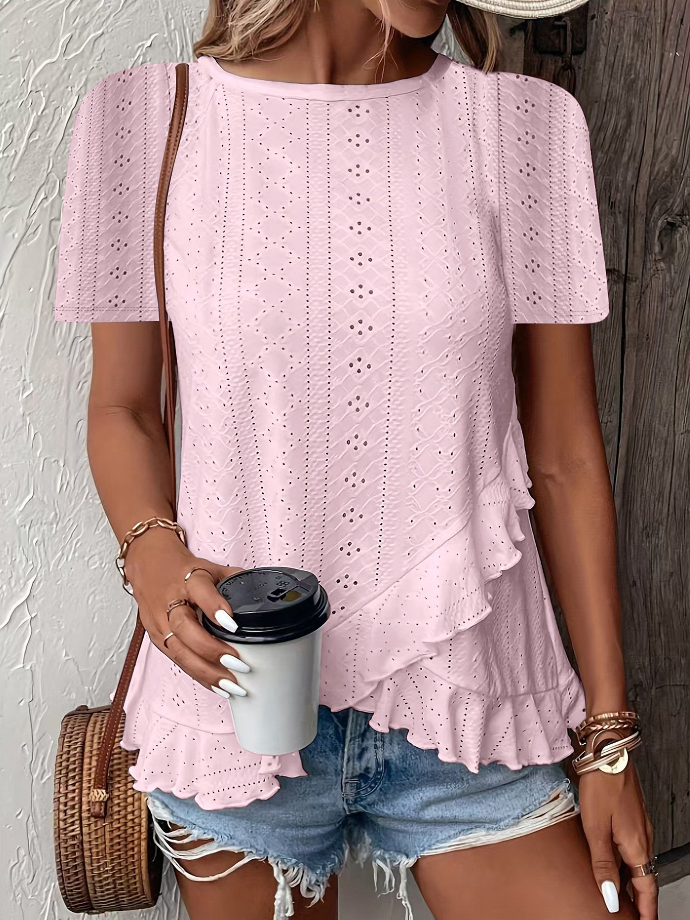 Women Geometric Short Sleeve Tee T-shirt Crew Neck Jacquard Casual Summer Top