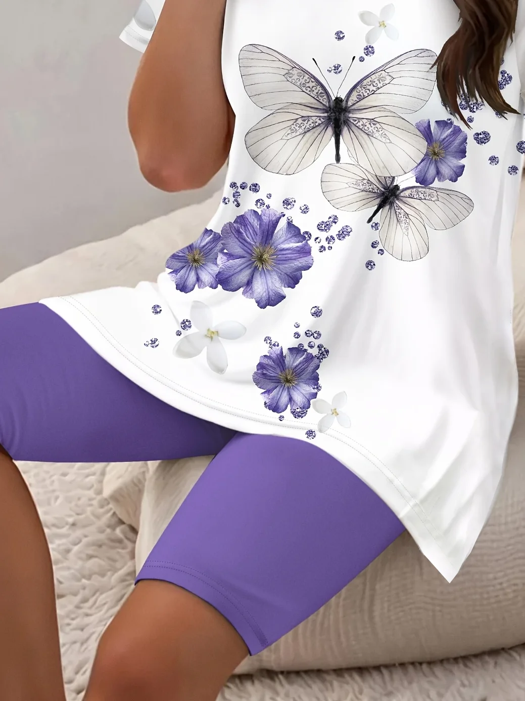 Women Floral Printing Two-Piece Set Daily Short Sleeve Casual Summer Top With Pants Matching Set
