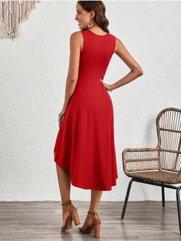 Women Plain Sleeveless Summer Split Joint Dress Crew Neck Daily Vintage Midi Tank A-Line Dress