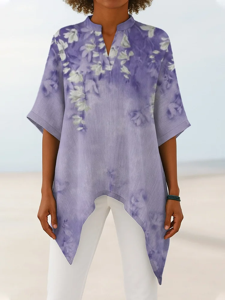 Women Floral Half Sleeve Shirt Summer Printing V Neck Daily Vintage Top