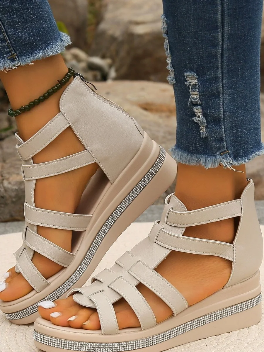 New Summer Sandals For Women Soft Leather Wedge Heel Rhinestone Thick-soled Roman Sandals Elegant Hollow Sandals