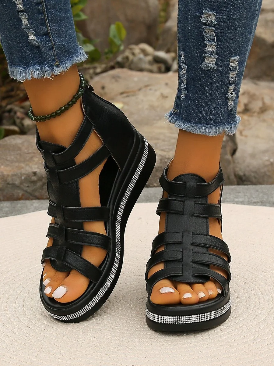 New Summer Sandals For Women Soft Leather Wedge Heel Rhinestone Thick-soled Roman Sandals Elegant Hollow Sandals