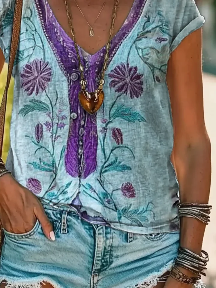 Women Floral Short Sleeve Tee T-shirt V Neck Printing Casual Summer Graphic Tee Top