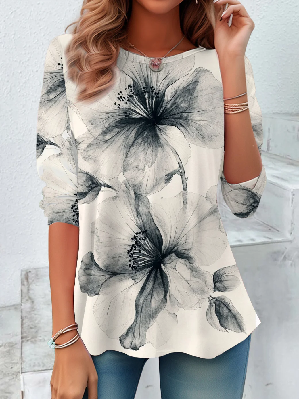 Women Floral Long Sleeve Tee T-shirt Crew Neck Printing Casual Spring/Fall Graphic Tee Top