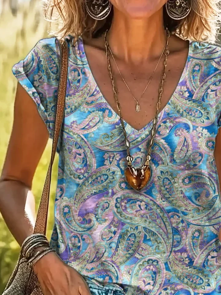 Women Paisley Short Sleeve Tee T-shirt V Neck Printing Casual Summer Graphic Tee Top