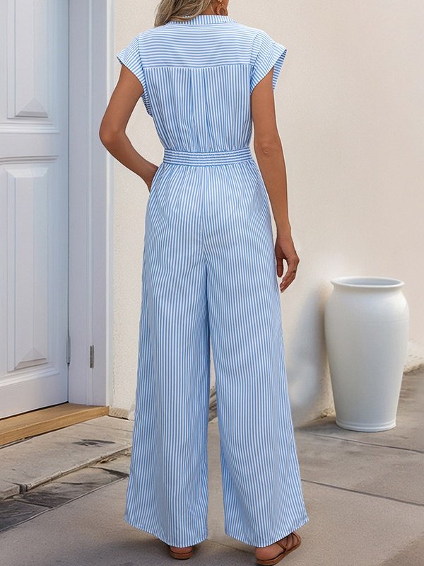 Women Striped V Neck Sleeveless Casual Summer Cotton Jumpsuit