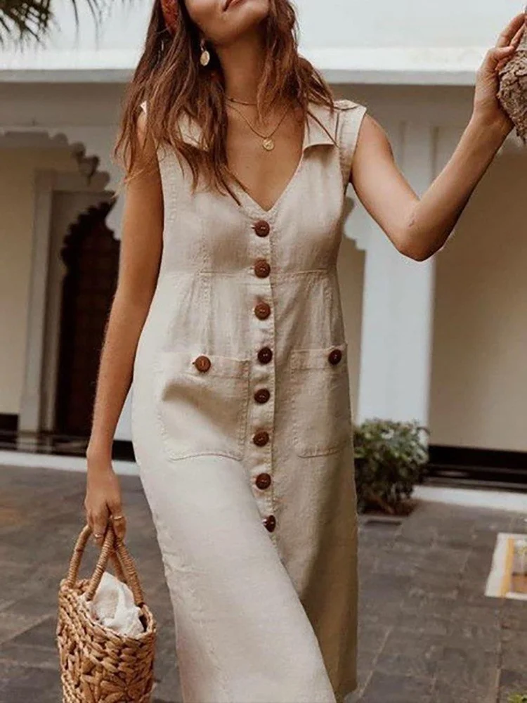 Women Plain Sleeveless Summer Split Joint Dress Stand Collar Daily Vintage Maxi Tank A-Line Dress