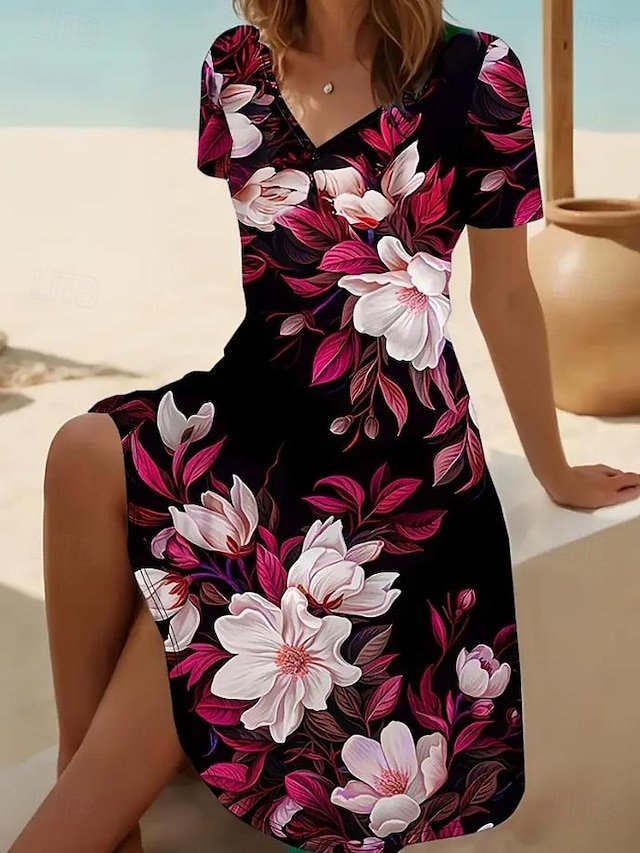 Women Floral Short Sleeve Summer Printing Dress V Neck Daily Casual Midi Fit & Flare Dress A-Line Dress