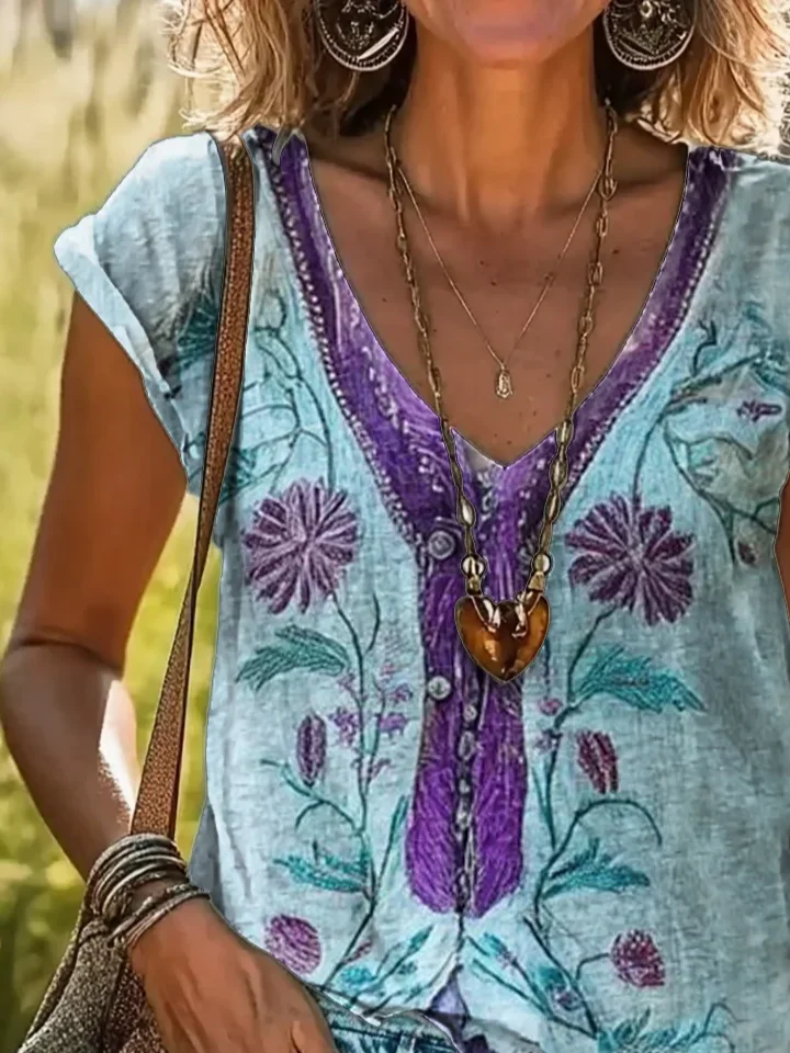 Women Floral Short Sleeve Tee T-shirt V Neck Printing Casual Summer Graphic Tee Top