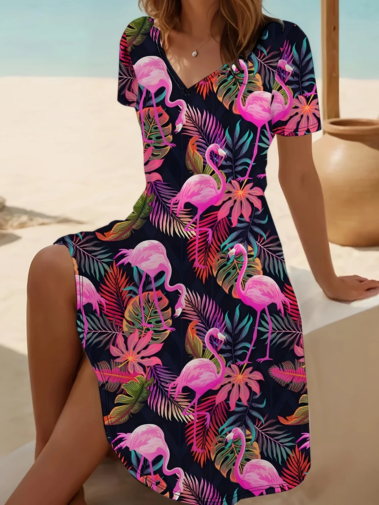 Women Flamingo Short Sleeve Summer Printing Dress V Neck Daily Casual Midi Fit & Flare Dress A-Line Dress