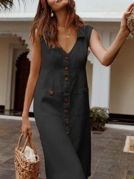 Women Plain Sleeveless Summer Split Joint Dress Stand Collar Daily Vintage Maxi Tank A-Line Dress