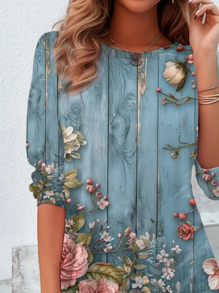 Women Floral Long Sleeve Tee T-shirt Crew Neck Printing Casual Spring/Fall Graphic Tee Top