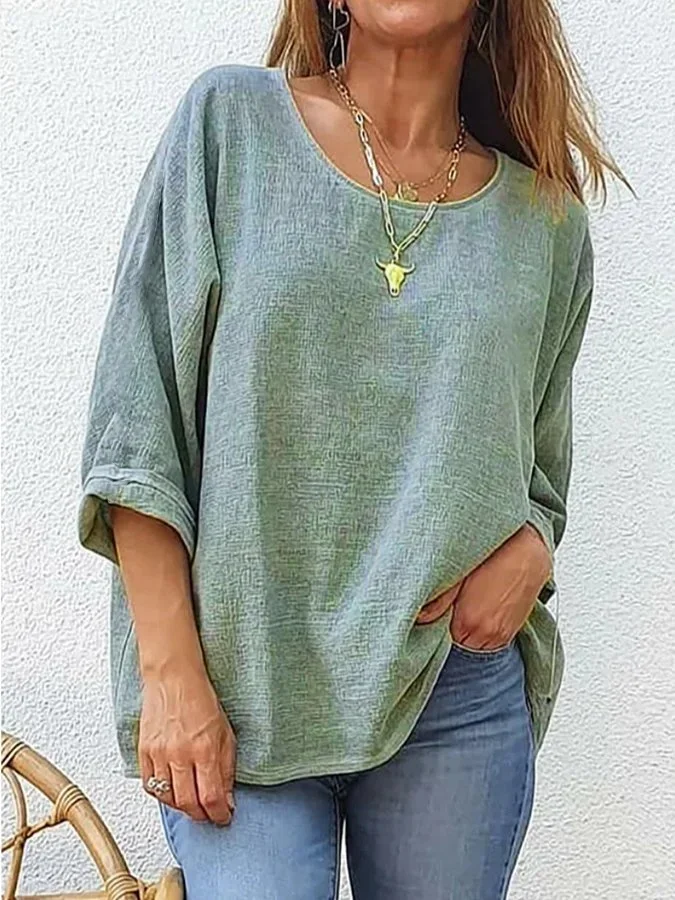 Women Plain Three Quarter Sleeve Tee T-shirt Crew Neck Casual Spring/Fall Top