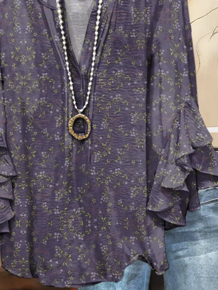 Women Floral Half Sleeve Shirt Summer Printing V Neck Daily Casual Top