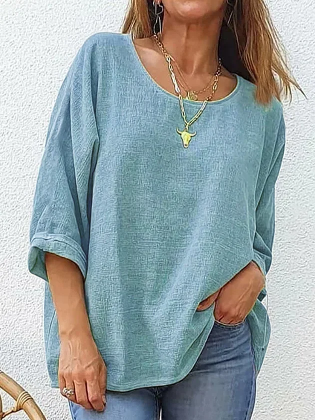 Women Plain Three Quarter Sleeve Tee T-shirt Crew Neck Casual Spring/Fall Top