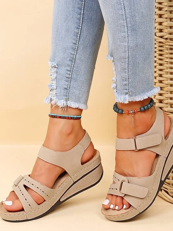 Roman Style Velcro Beach Fish Mouth Sandals Women's Outdoor Casual Mid-heel Sandals