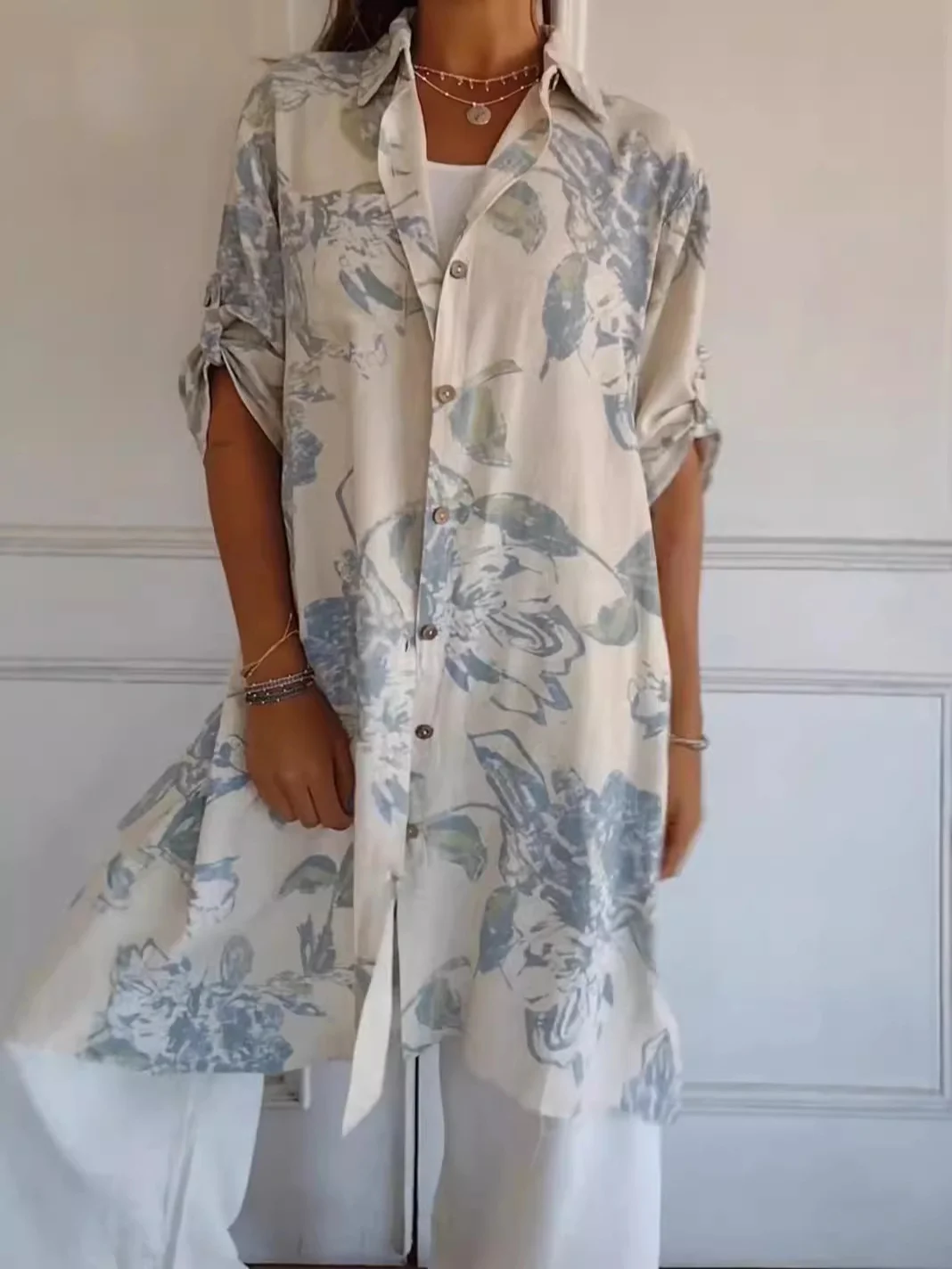 Women Floral Half Sleeve Summer Printing Dress Stand Collar Daily Vintage Midi Tank A-Line Dress