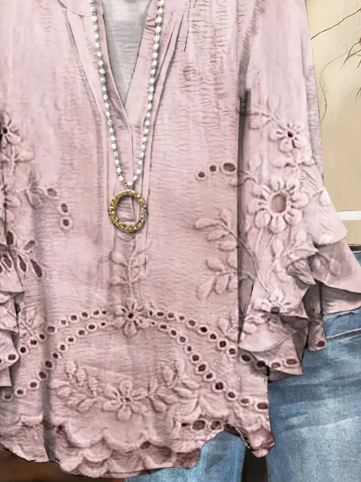Women Floral Half Sleeve Shirt Summer Printing V Neck Daily Casual Top