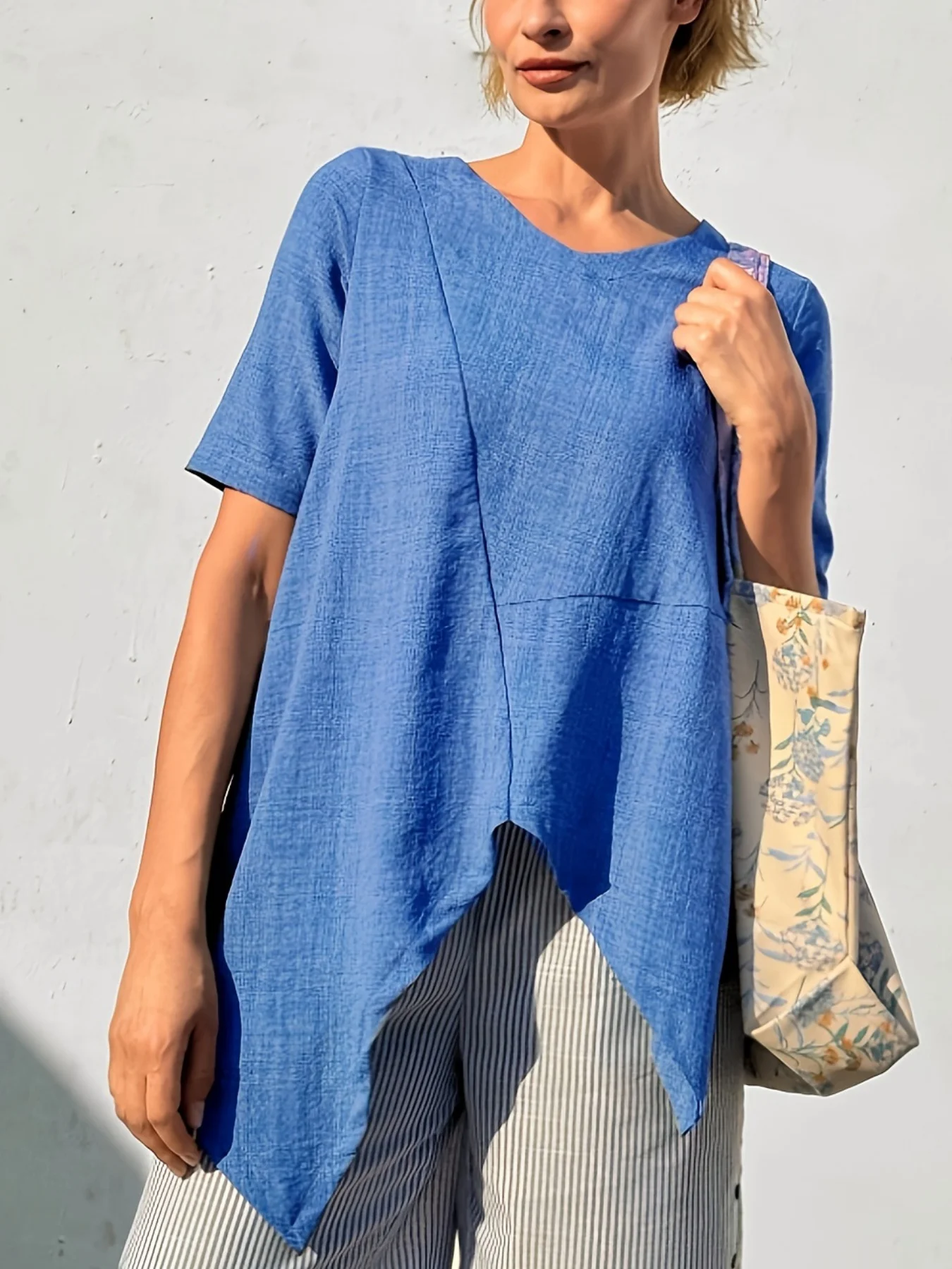 Women Plain Short Sleeve Shirt Summer Split Joint Crew Neck Daily Casual Top