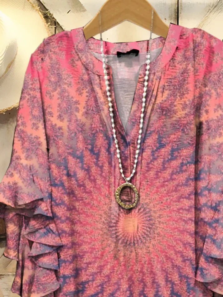 Women Tie-Dye Pattern Half Sleeve Shirt Summer Printing V Neck Daily Casual Top
