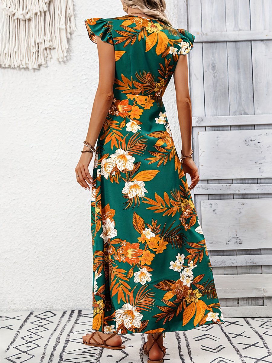 Women Plain Short Sleeve Summer Printing Dress V Neck Ruffle Sleeve Daily Vintage Maxi Tank A-Line Dress