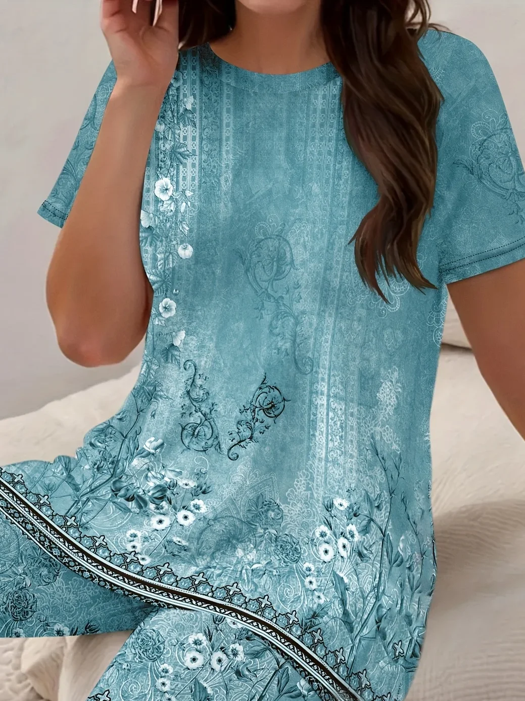 Women Floral Printing Two-Piece Set Daily Short Sleeve Casual Summer Top With Pants Matching Set
