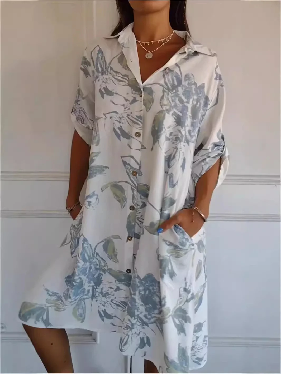 Women Floral Half Sleeve Summer Printing Dress Stand Collar Daily Vintage Midi Tank A-Line Dress