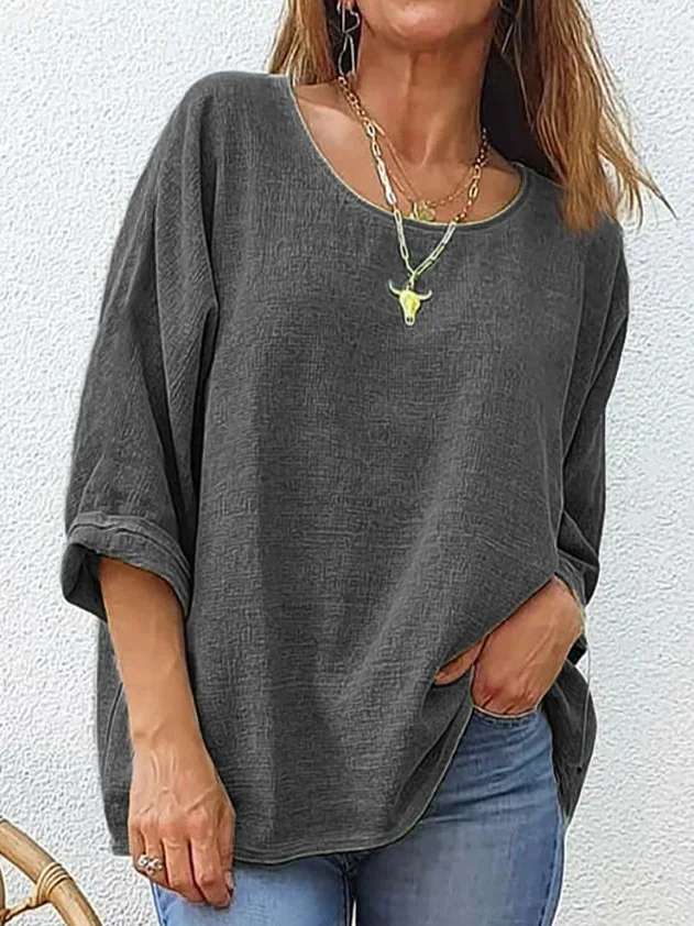 Women Plain Three Quarter Sleeve Tee T-shirt Crew Neck Casual Spring/Fall Top